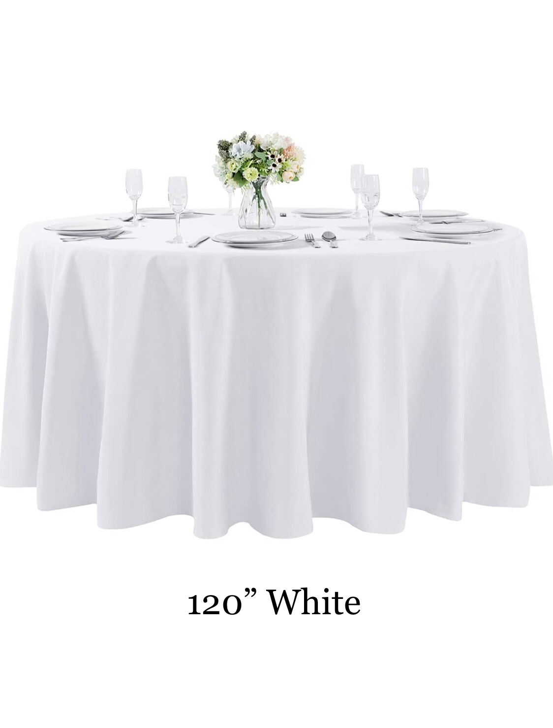 Round table dressed with a white floor-length tablecloth